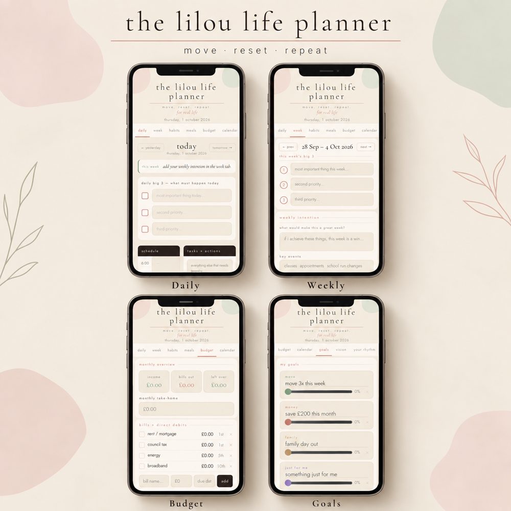 The Lilou Life Planner shown on four phone screens: daily, weekly, budget and goals